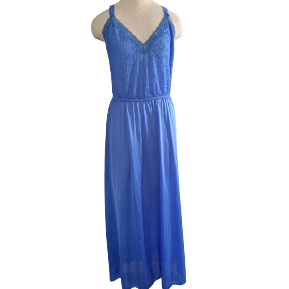 VTG VANITY FAIR long Gown Night dress stretch bodice lace nylon Glam comfort M